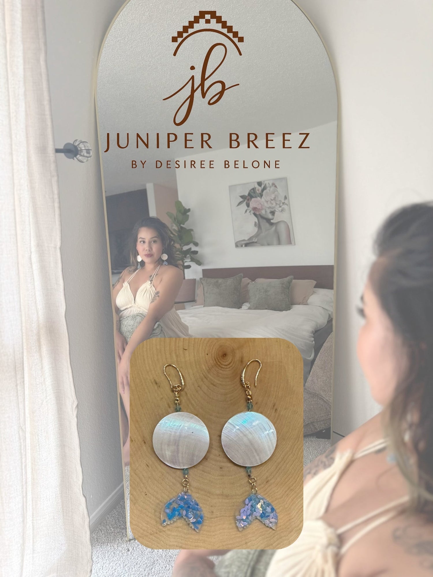Native woman sitting in front of mirror staring at her reflection. In a smaller window a clear picture of the earrings she is wearing. 