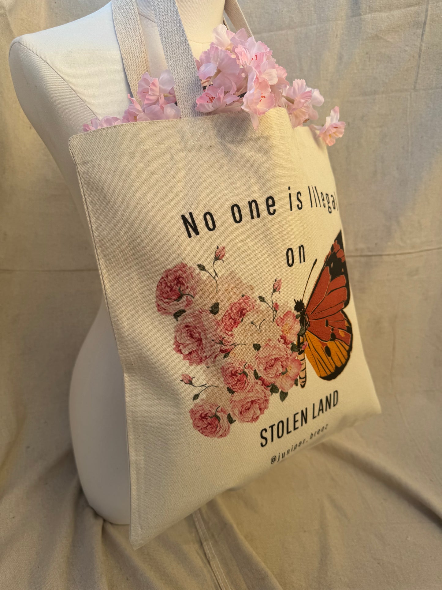 "No one is illegal on STOLEN LAND" totebag